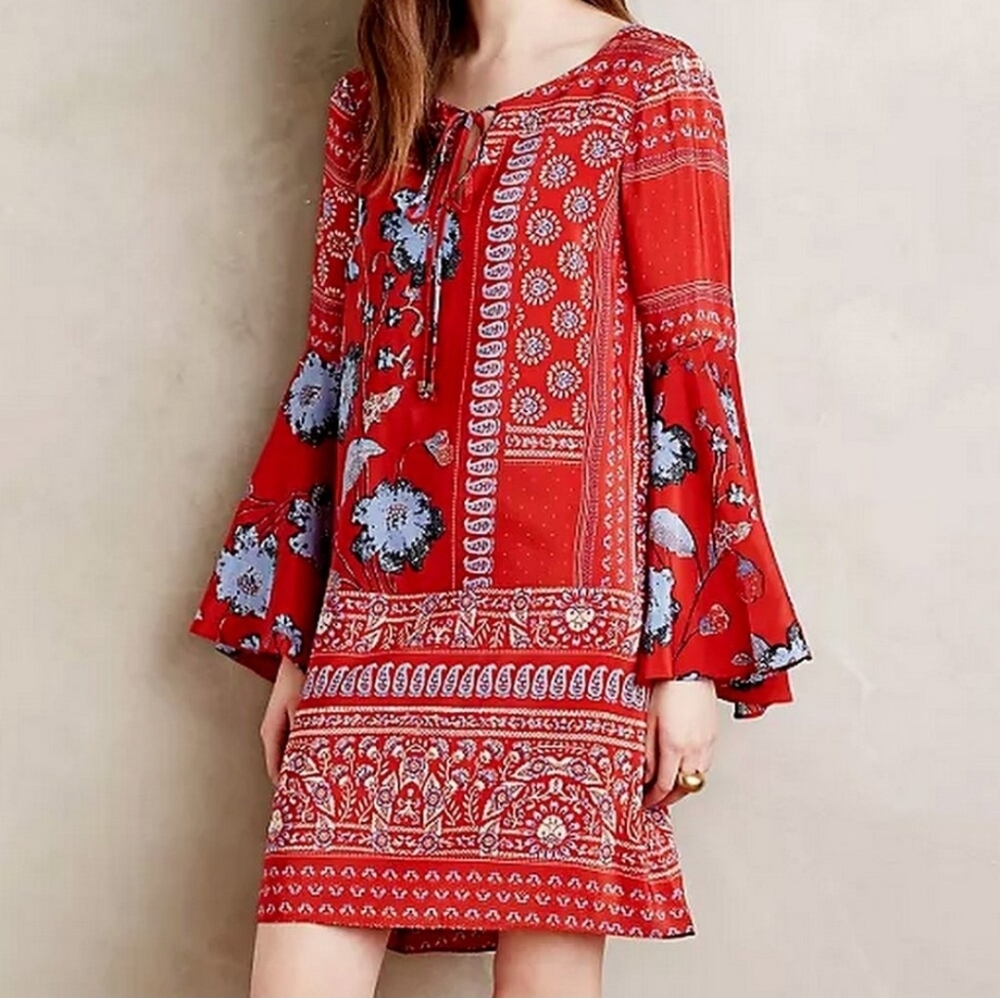 Anthropologie Vanessa Virginia Bell Sleeve Silk Swing Dress